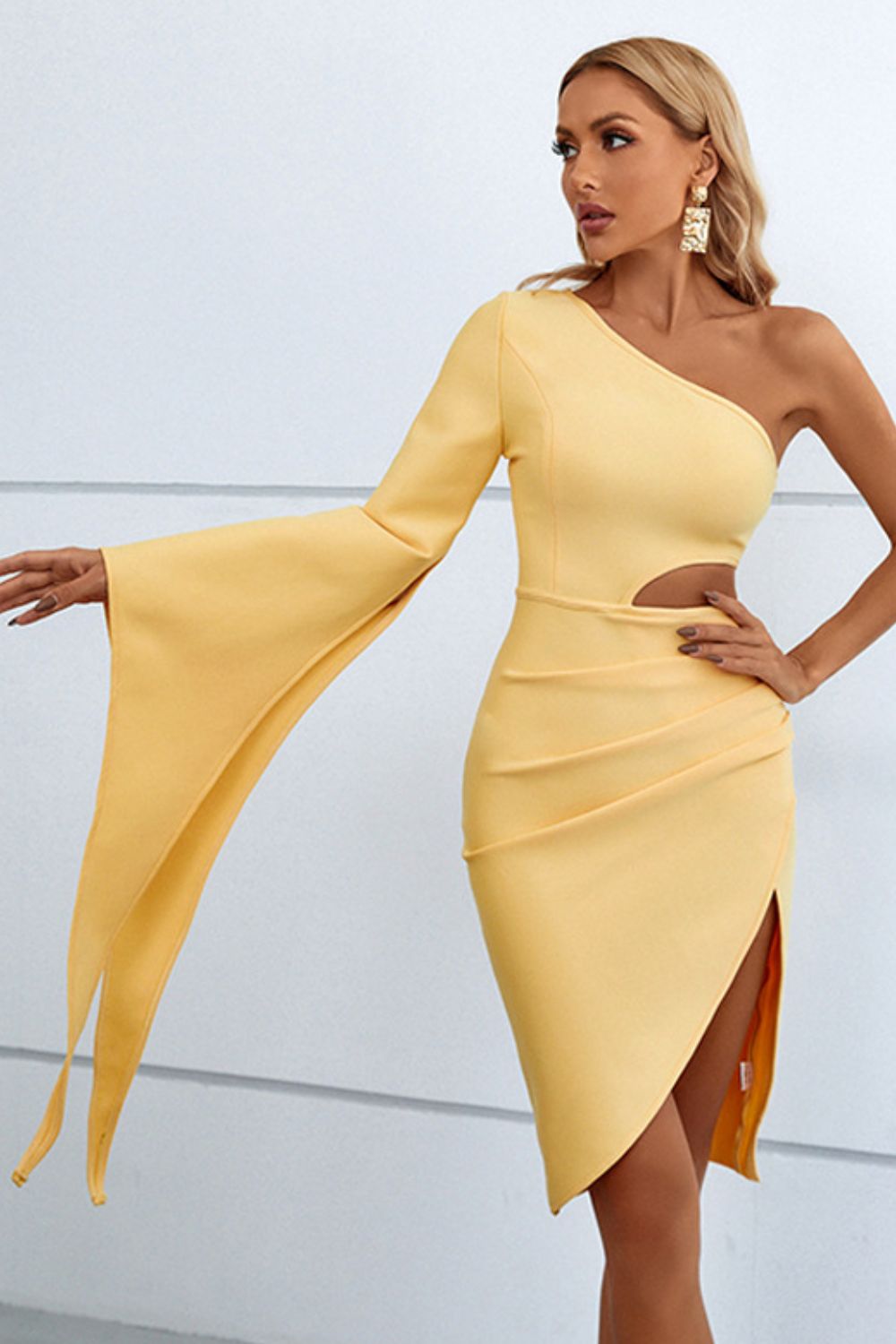 Cutout Split Flare Sleeve One-Shoulder Dress king-general-store-5710.myshopify.com