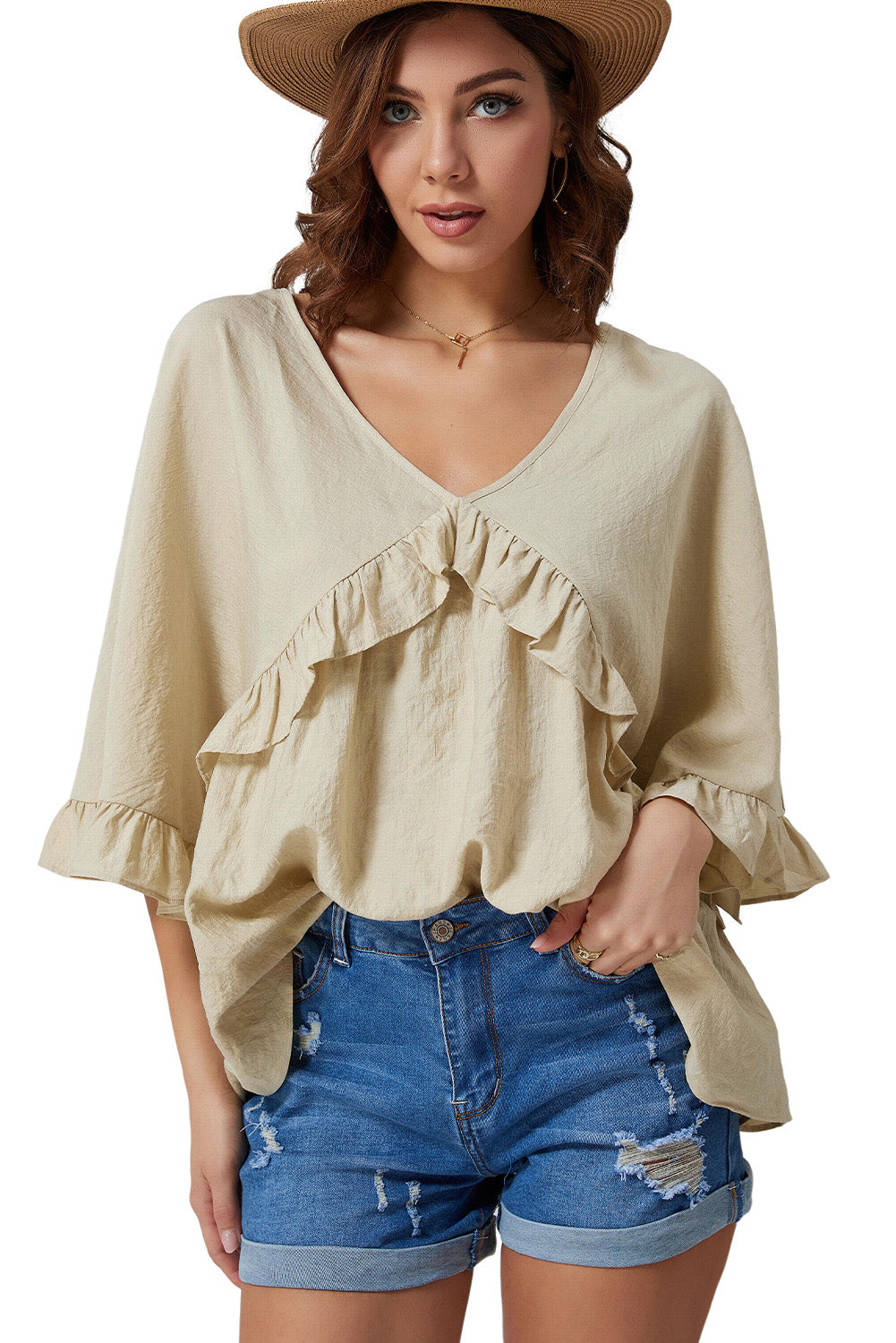 Ruffled V-Neck Half Sleeve Blouse king-general-store-5710.myshopify.com