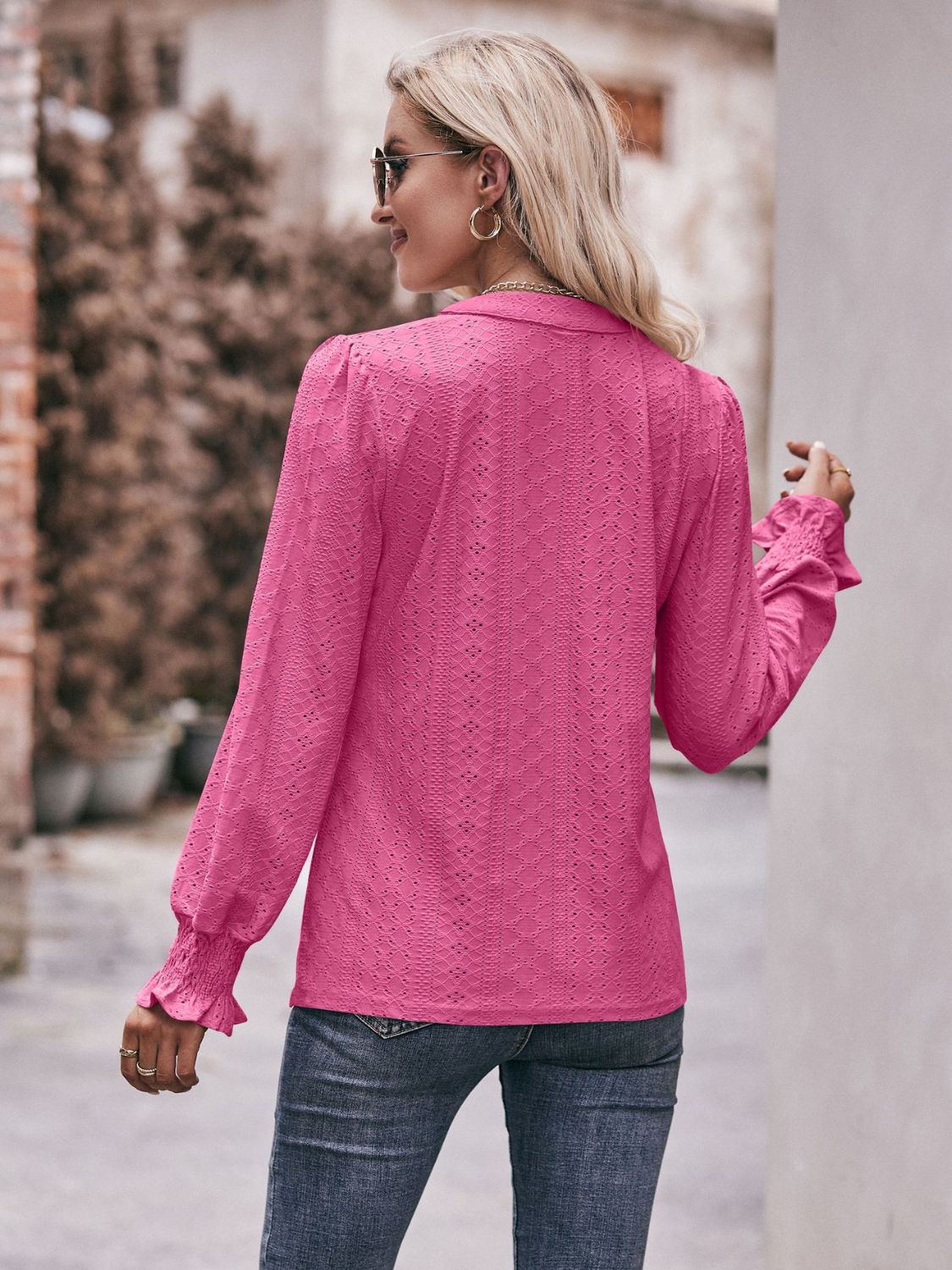 Eyelet Notched Neck Flounce Sleeve Blouse king-general-store-5710.myshopify.com