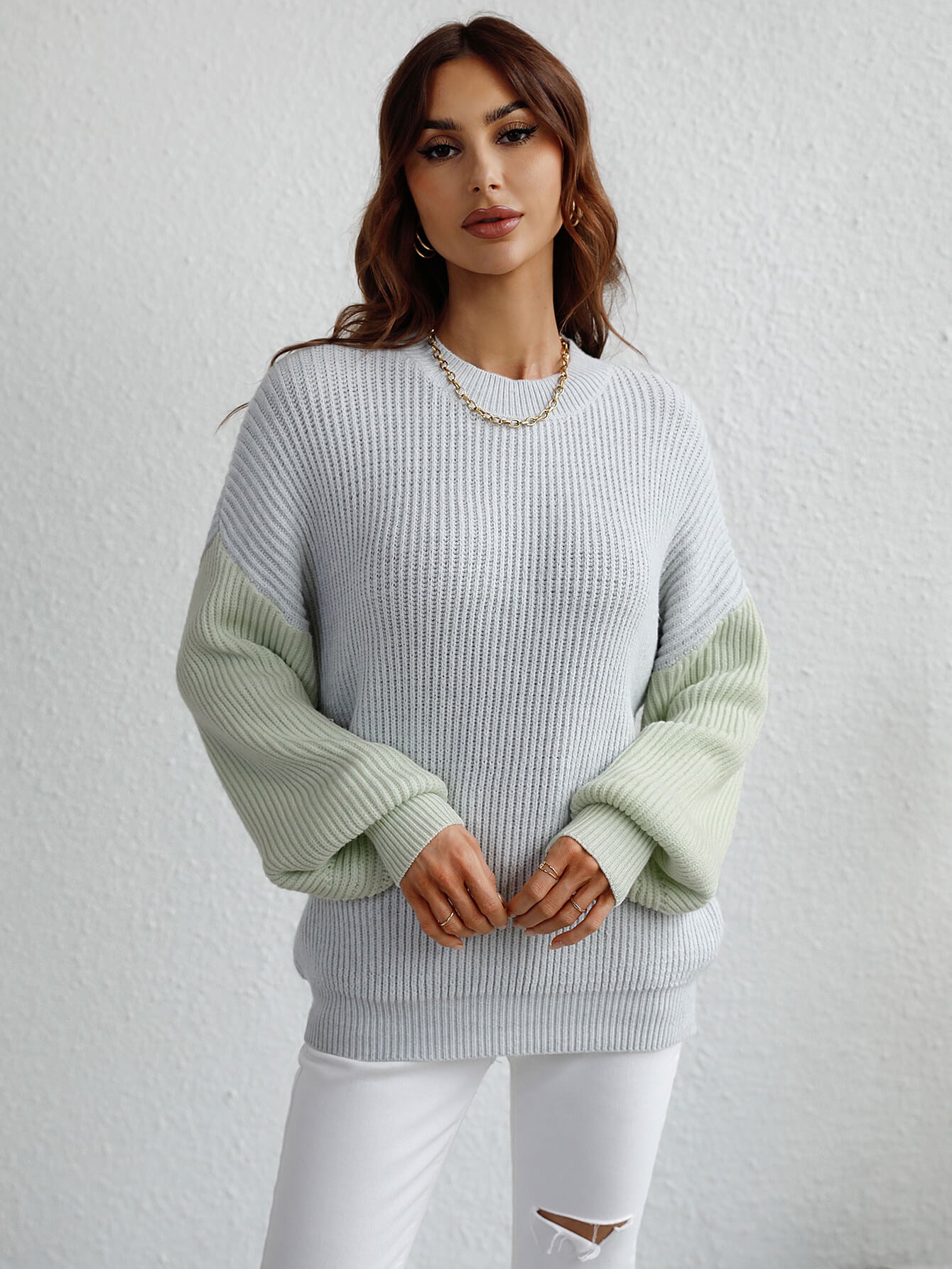 Two-Tone Rib-Knit Dropped Shoulder Sweater king-general-store-5710.myshopify.com