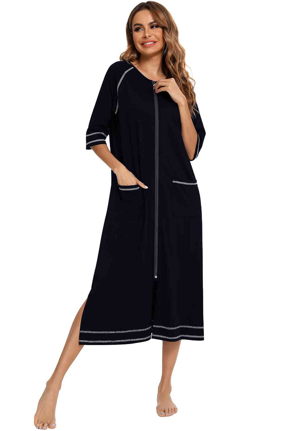 Zip Up Slit Round Neck Night Dress with Pockets king-general-store-5710.myshopify.com