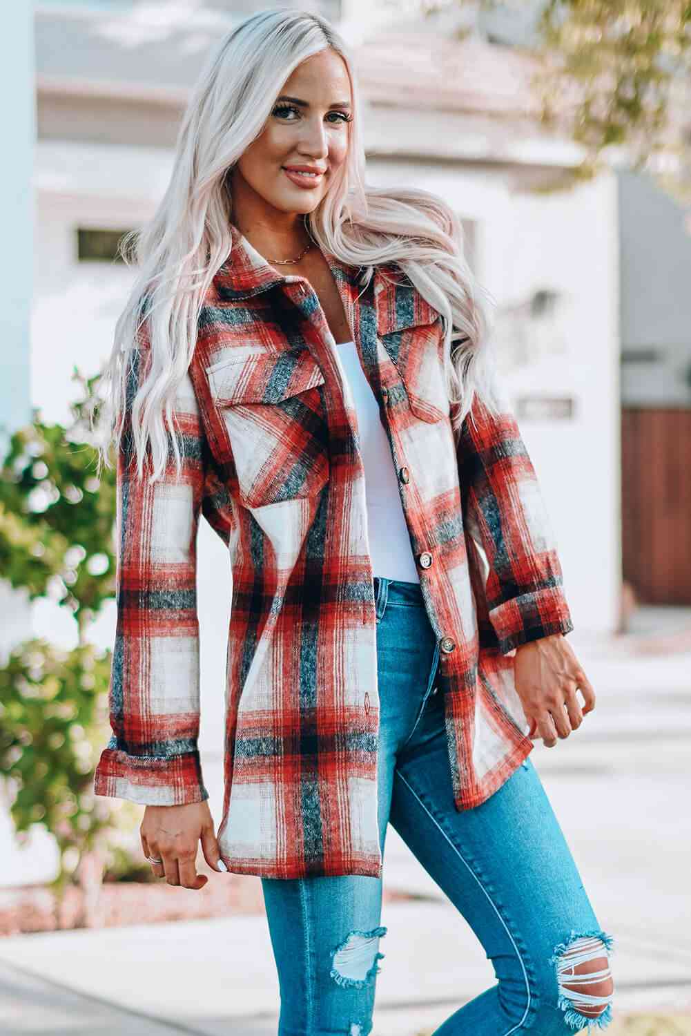 Double Take Plaid Button Up Shirt Jacket with Pockets king-general-store-5710.myshopify.com