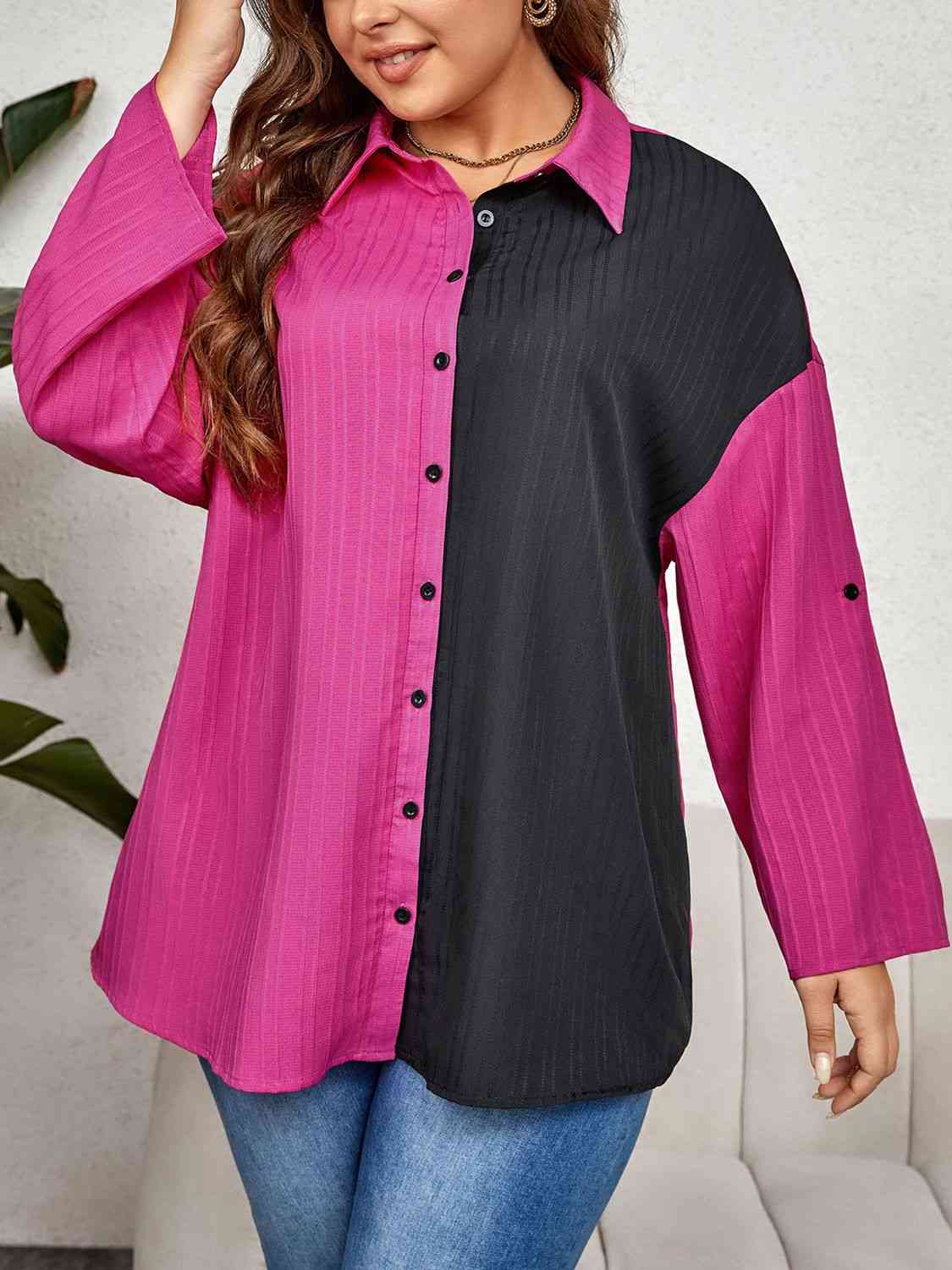 Plus Size Contrast Color Roll-Tap Sleeve Shirt king-general-store-5710.myshopify.com