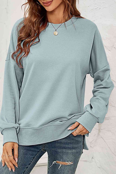 Round Neck  Dropped Shoulder Slit Sweatshirt king-general-store-5710.myshopify.com