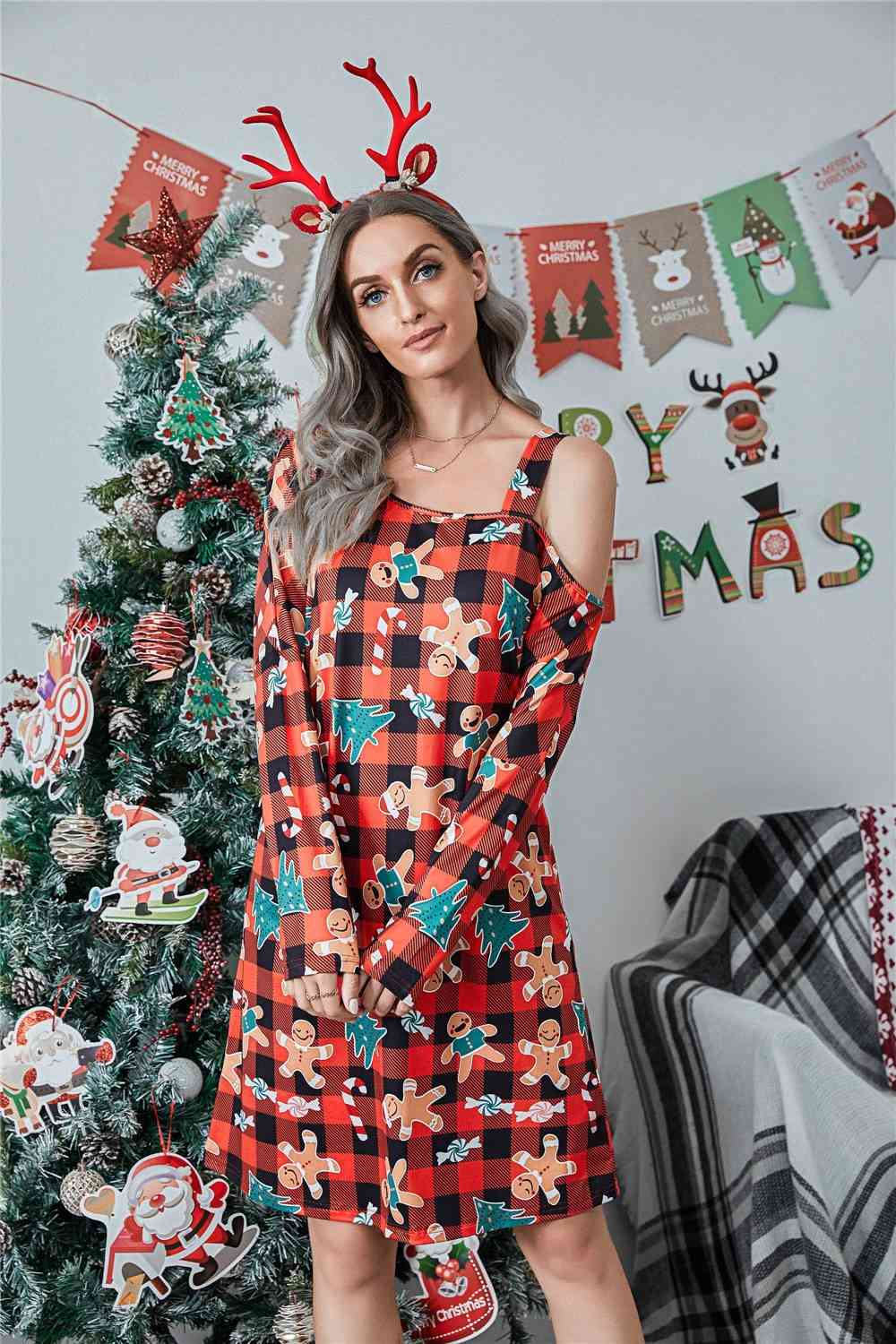 Christmas Asymmetrical Neck Long Sleeve Dress king-general-store-5710.myshopify.com