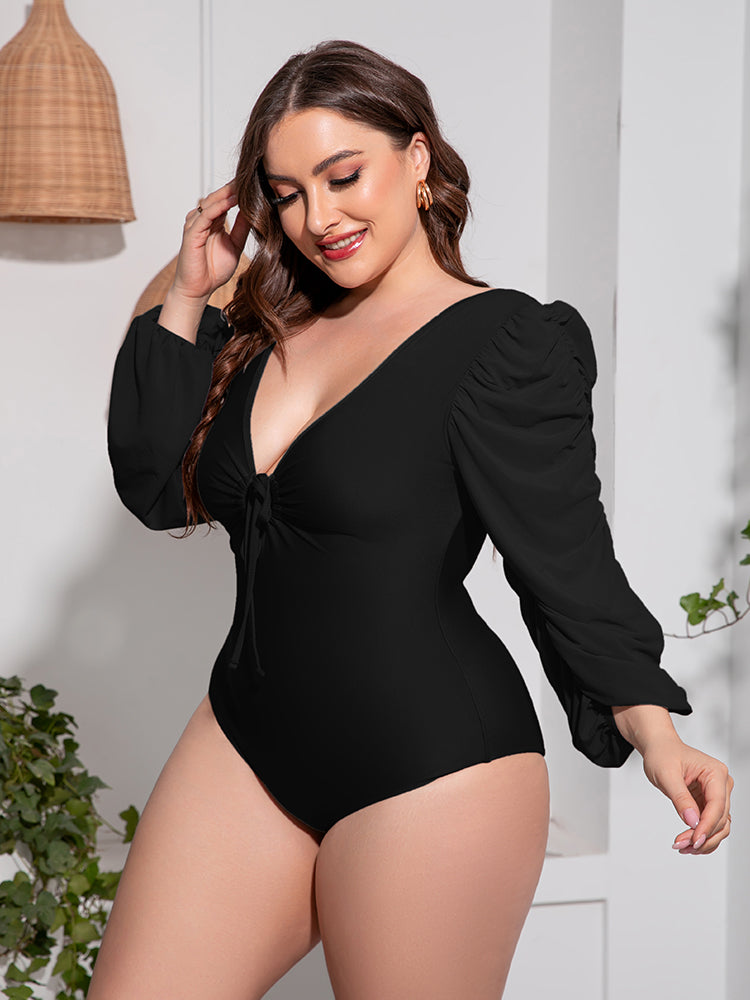 Plus Size Tied Deep V Balloon Sleeve One-Piece Swimsuit king-general-store-5710.myshopify.com