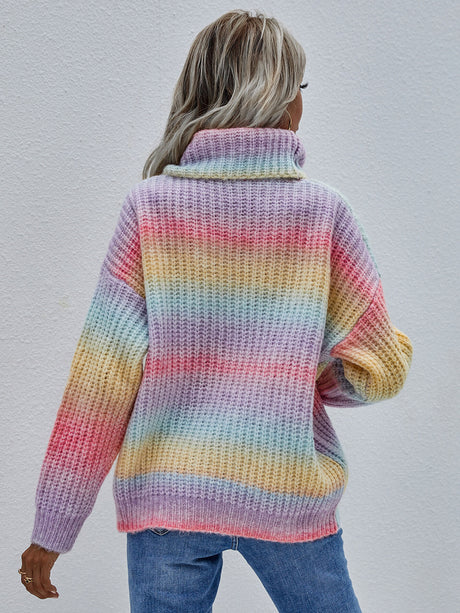 Rainbow Rib-Knit Turtleneck Drop Shoulder Sweater king-general-store-5710.myshopify.com