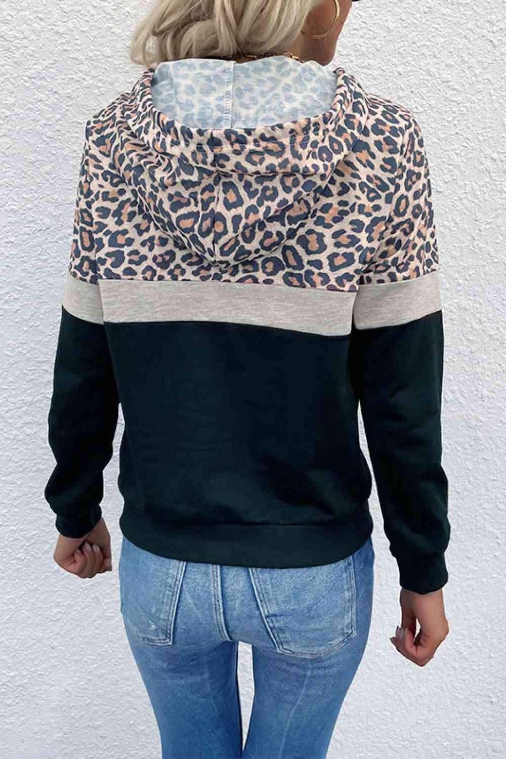 Leopard Color Block Long Sleeve Drawstring Hoodie king-general-store-5710.myshopify.com