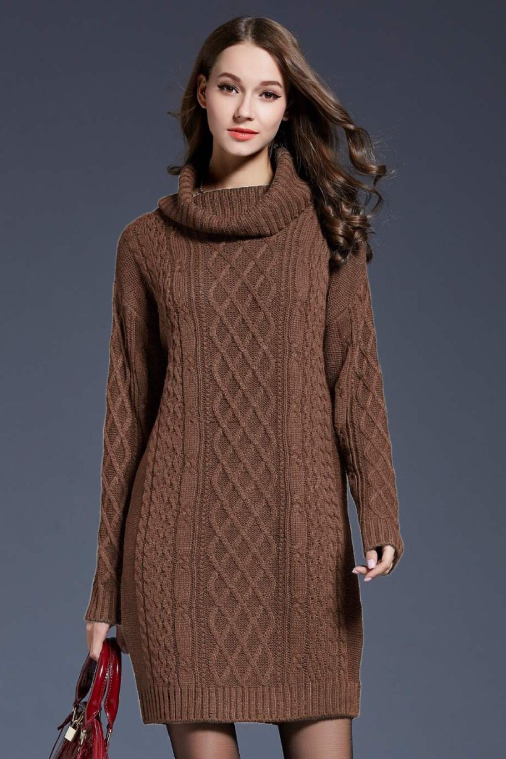 Woven Right Full Size Mixed Knit Cowl Neck Dropped Shoulder Sweater Dress king-general-store-5710.myshopify.com