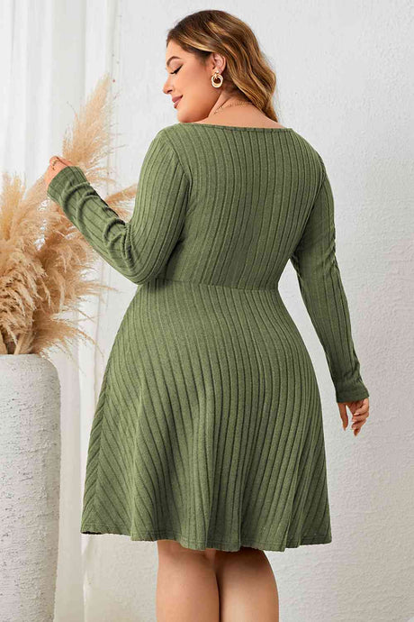 Plus Size Sweetheart Neck Long Sleeve Ribbed Dress king-general-store-5710.myshopify.com