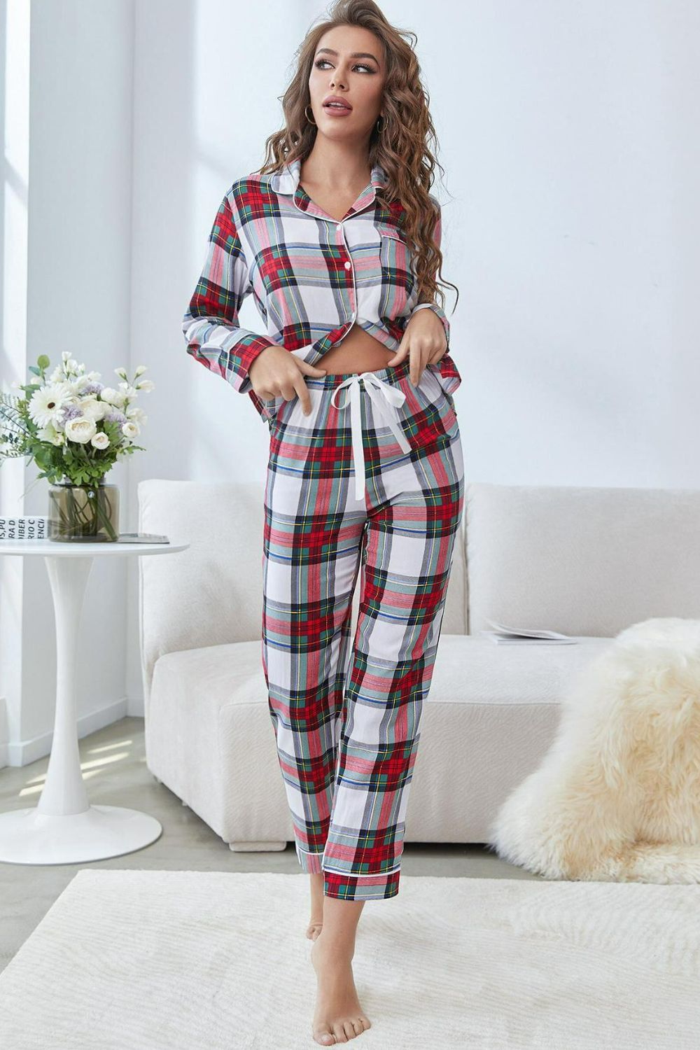 Plaid Button Front Top and Pants Lounge Set king-general-store-5710.myshopify.com