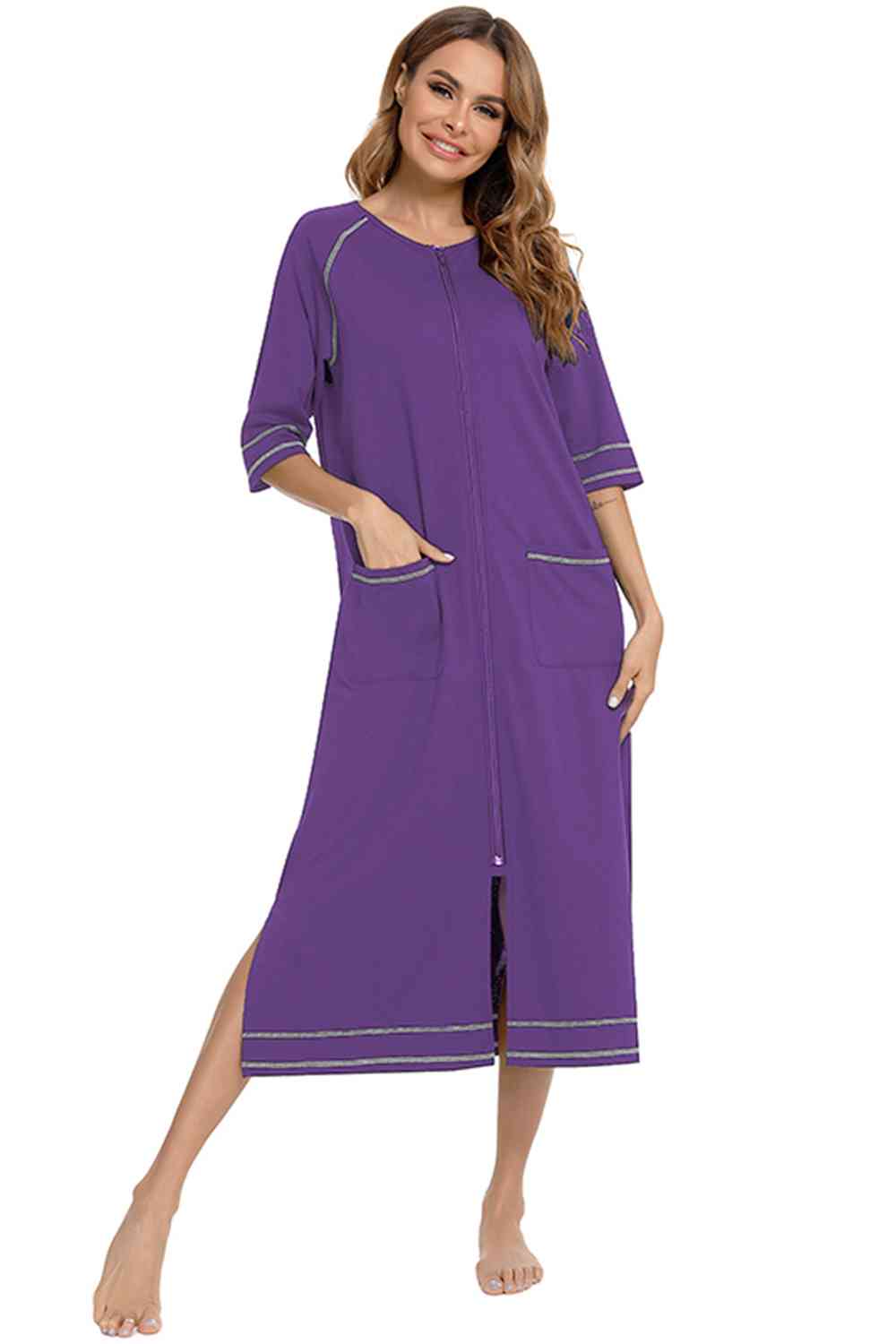 Zip Up Slit Round Neck Night Dress with Pockets king-general-store-5710.myshopify.com