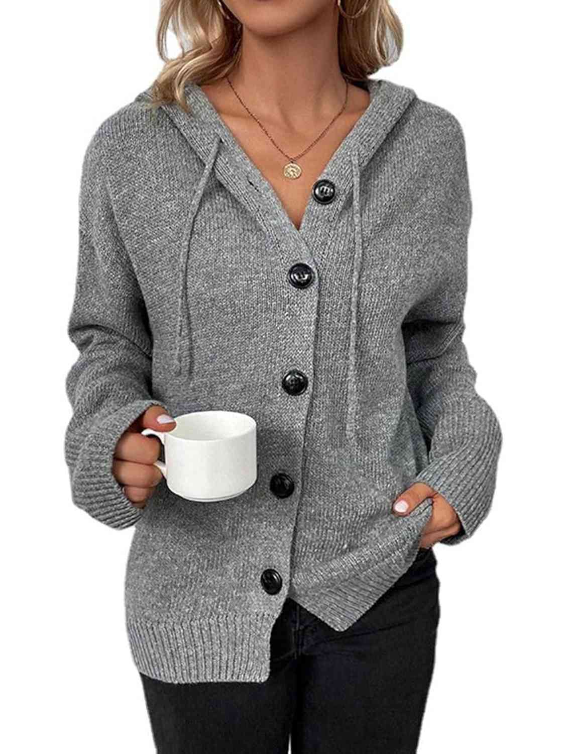 Button Up Drawstring Long Sleeve Hooded Cardigan king-general-store-5710.myshopify.com