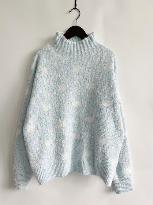 Heart Heathered Turtleneck Drop Shoulder Sweater king-general-store-5710.myshopify.com