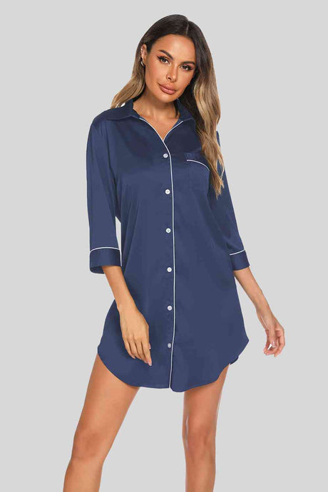 Button Up Collared Neck Night Dress with Pocket king-general-store-5710.myshopify.com
