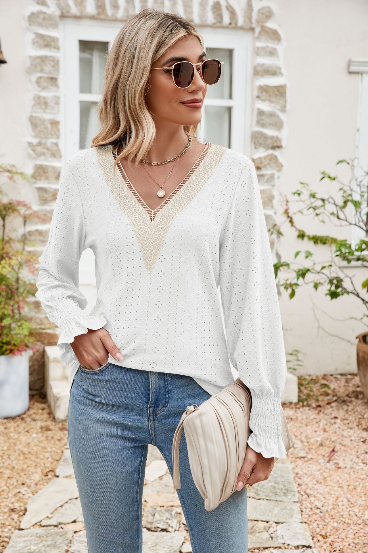 Eyelet V-Neck Smocked Flounce Sleeve Blouse king-general-store-5710.myshopify.com