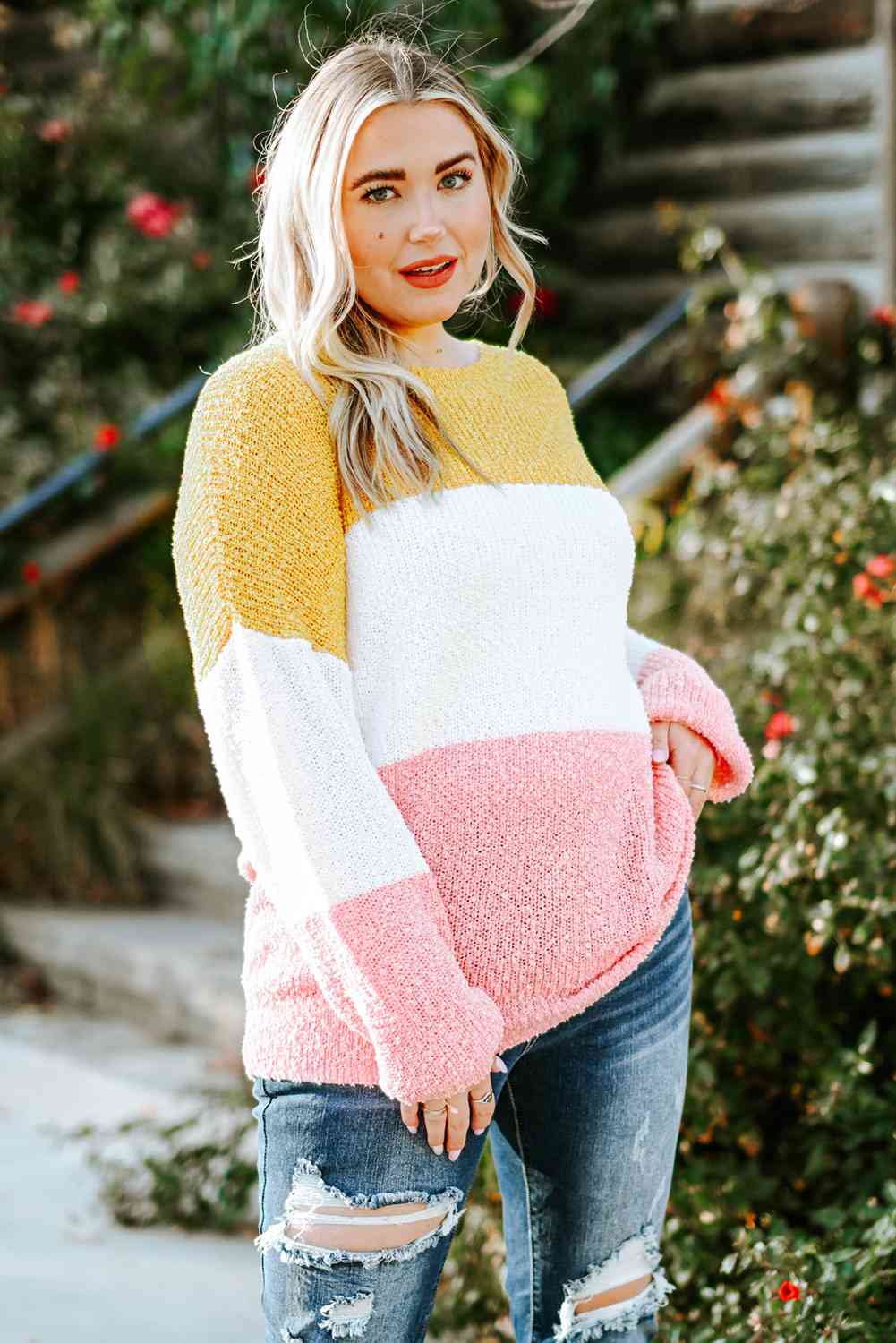 Plus Size Color Block Round Neck Sweater king-general-store-5710.myshopify.com