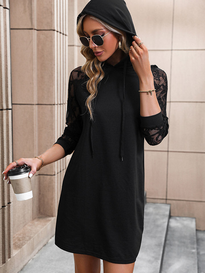 Lace Trim Long Sleeve Hooded Dress king-general-store-5710.myshopify.com