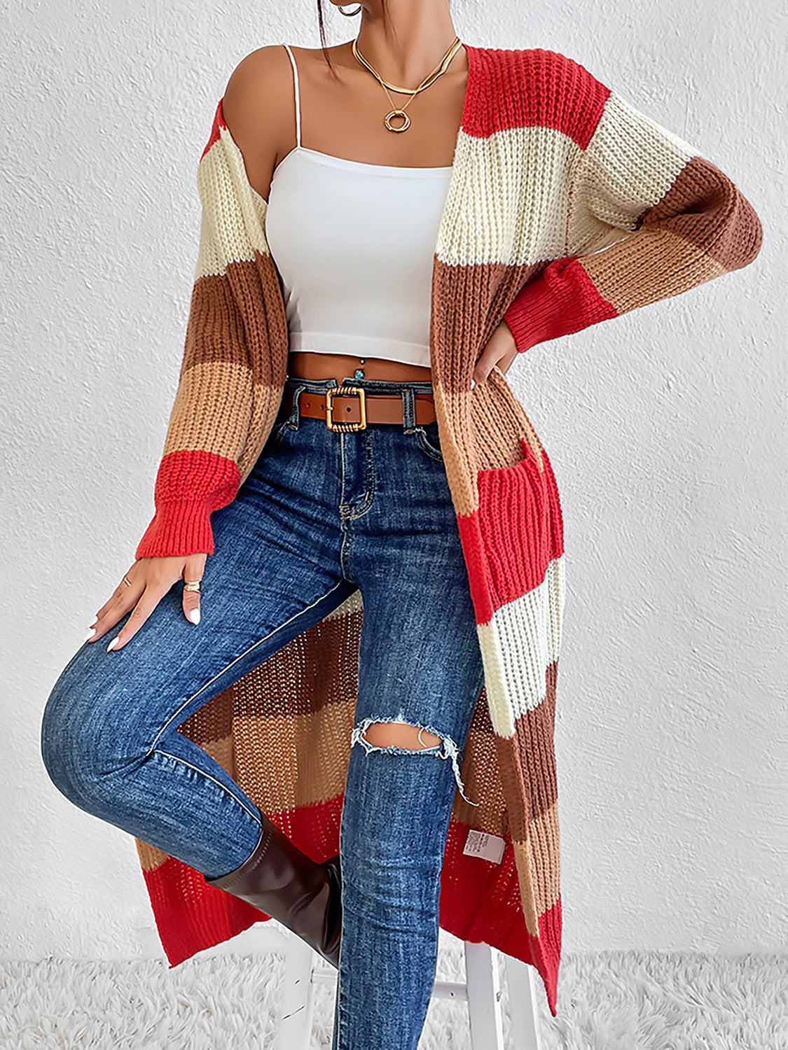 Color Block Open Front Longline Cardigan king-general-store-5710.myshopify.com