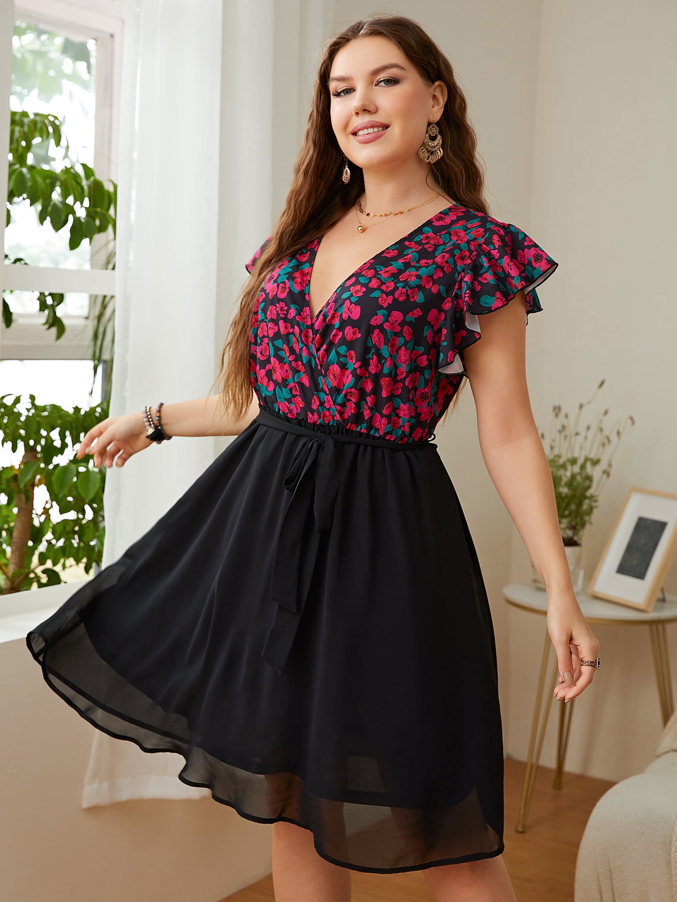 Plus Size Floral Surplice Neck Flutter Sleeve Dress king-general-store-5710.myshopify.com