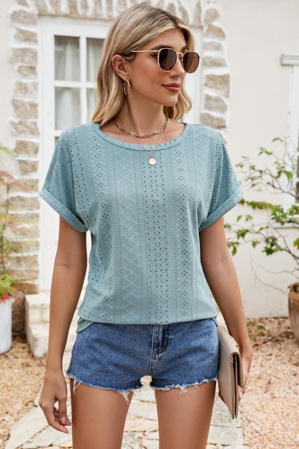 Full Size Round Neck Eyelet Short Sleeve Top king-general-store-5710.myshopify.com