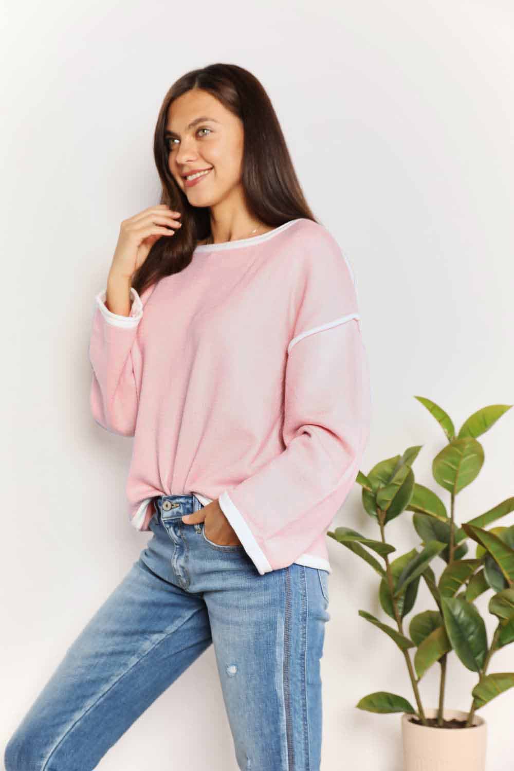 Double Take Contrast Detail Dropped Shoulder Knit Top king-general-store-5710.myshopify.com