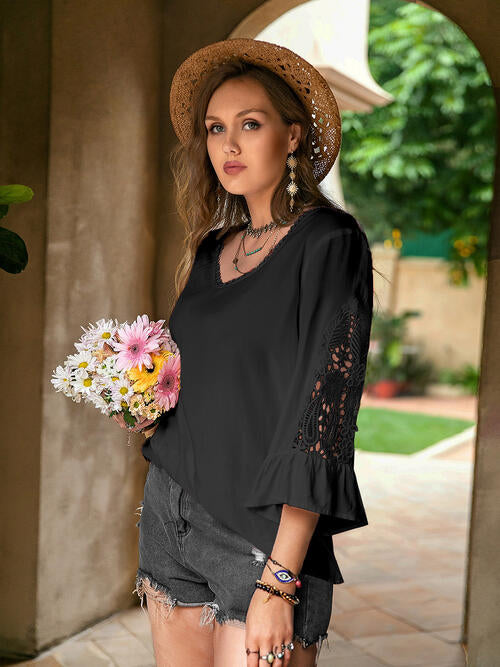 Double Take Plus Size Flower Crochet Flare Sleeve Top king-general-store-5710.myshopify.com