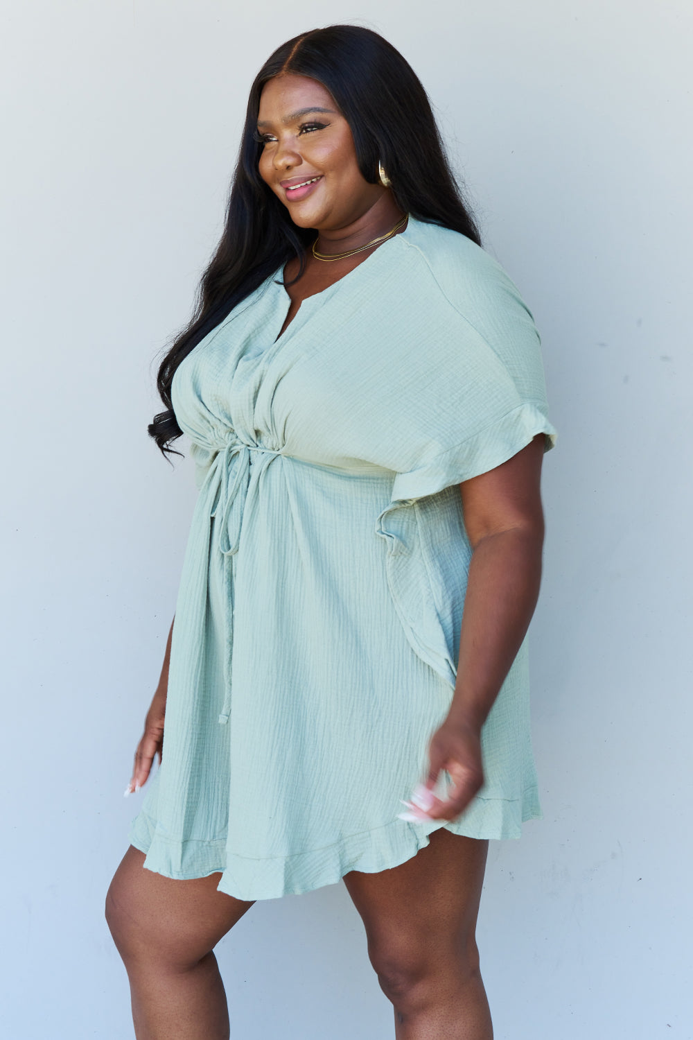 Ninexis Out Of Time Full Size Ruffle Hem Dress with Drawstring Waistband in Light Sage king-general-store-5710.myshopify.com