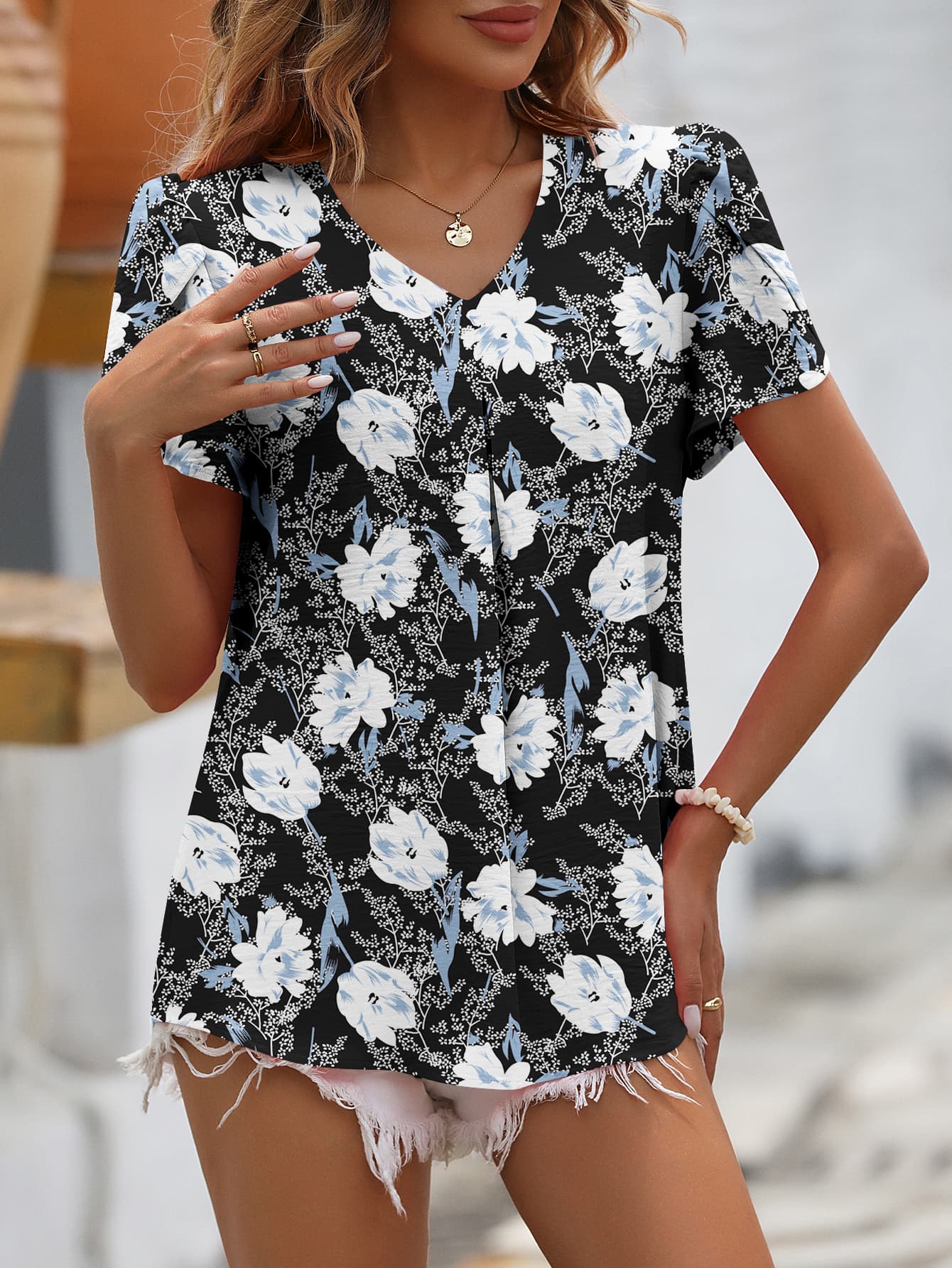 Ruche V-Neck Petal Sleeve Top king-general-store-5710.myshopify.com