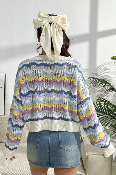 Striped Openwork Dropped Shoulder Sweater king-general-store-5710.myshopify.com