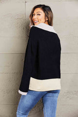 Double Take Color Block Half-Zip Dropped Shoulder Knit Pullover king-general-store-5710.myshopify.com