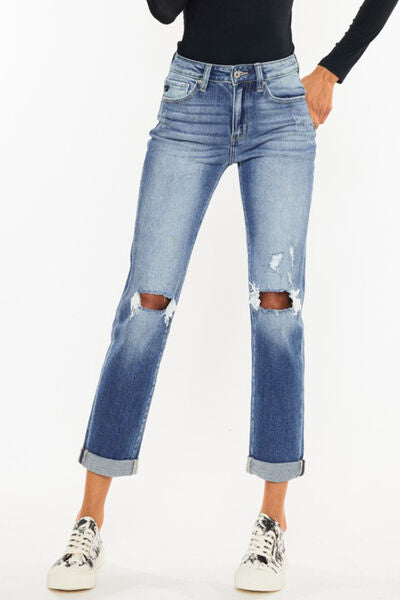 Kancan High Waist Distressed Hem Detail Cropped Straight Jeans king-general-store-5710.myshopify.com