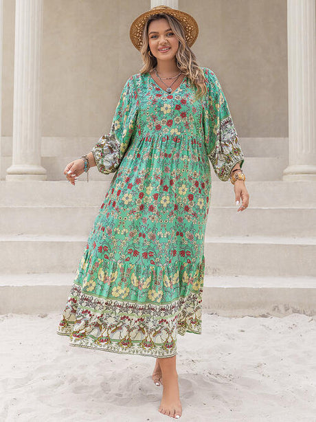 Plus Size Floral V-Neck Balloon Sleeve Midi Dress king-general-store-5710.myshopify.com