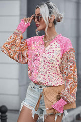 Printed Buttoned Lantern Sleeve Shirt king-general-store-5710.myshopify.com