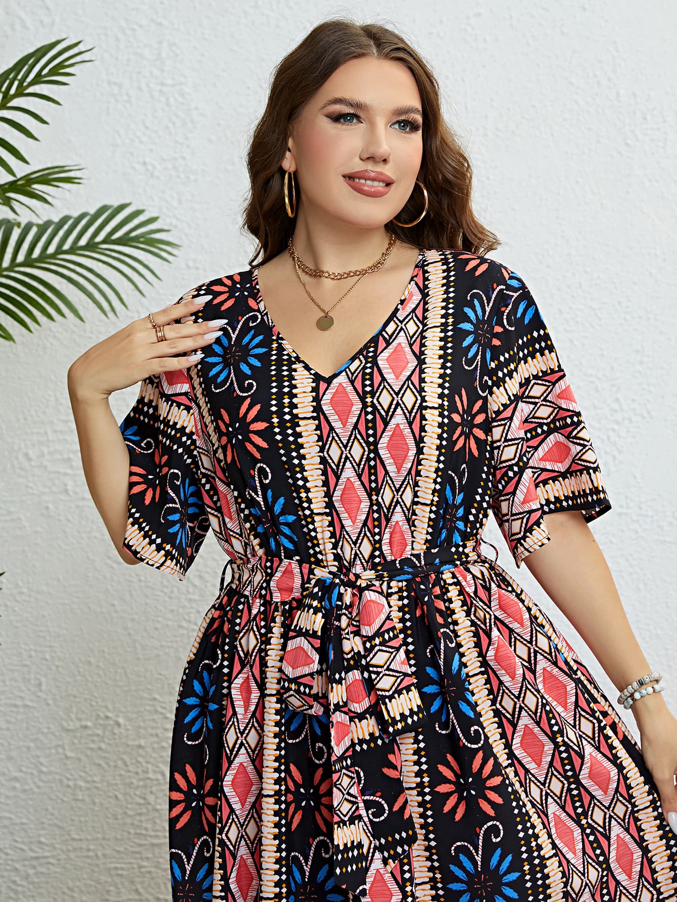 Plus Size Bohemian V-Neck Tie Belt Midi Dress king-general-store-5710.myshopify.com