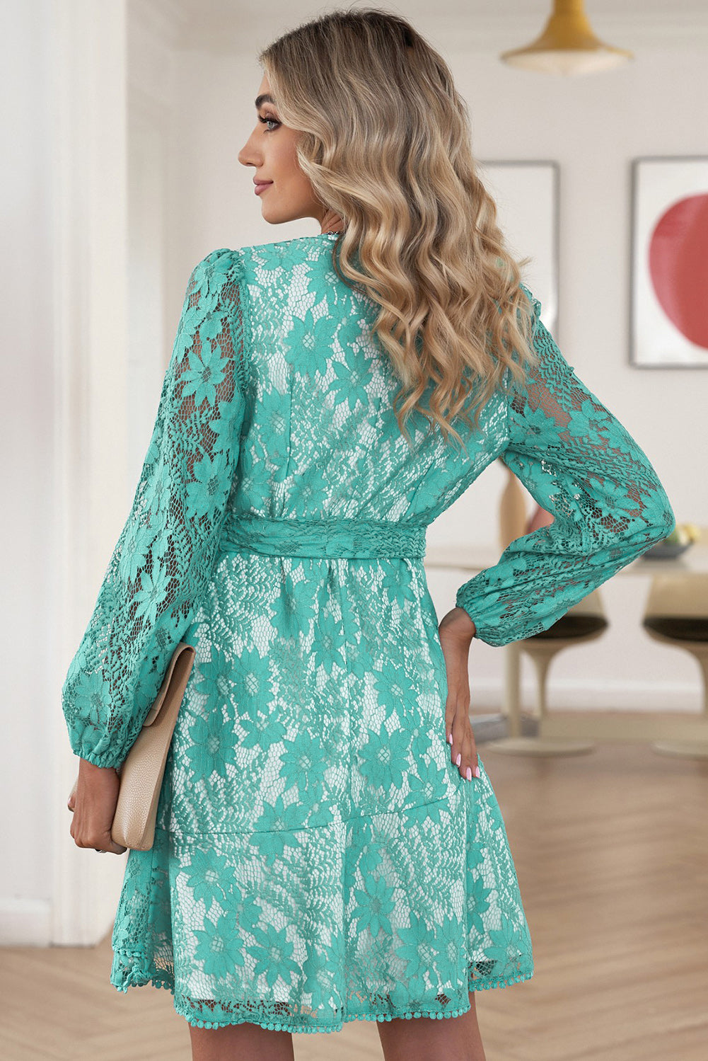 Pompom Trim Puff Sleeve Belted Lace Dress king-general-store-5710.myshopify.com