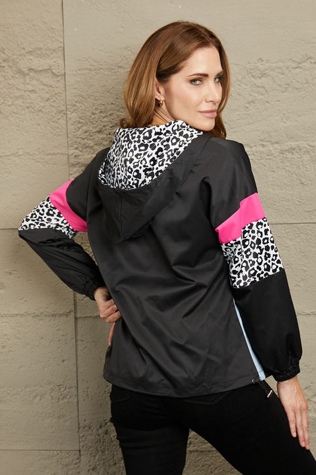 Double Take Leopard Color Block Zip-Up Hooded Jacket king-general-store-5710.myshopify.com