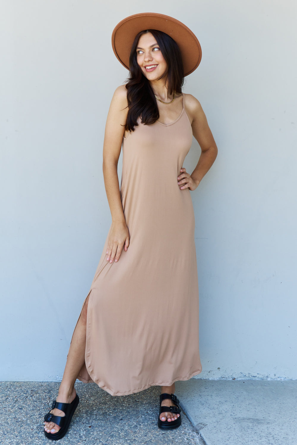 Ninexis Good Energy Full Size Cami Side Slit Maxi Dress in Camel king-general-store-5710.myshopify.com