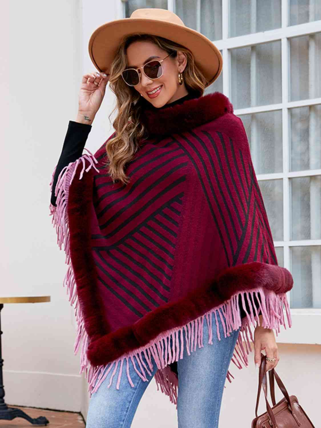 Striped Fringe Hem Poncho king-general-store-5710.myshopify.com