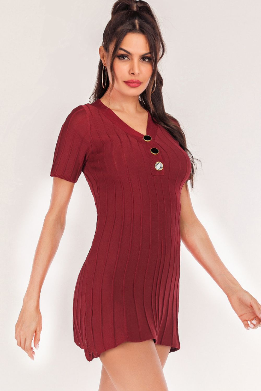 Buttoned Short Sleeve V-Neck Knit Dress king-general-store-5710.myshopify.com