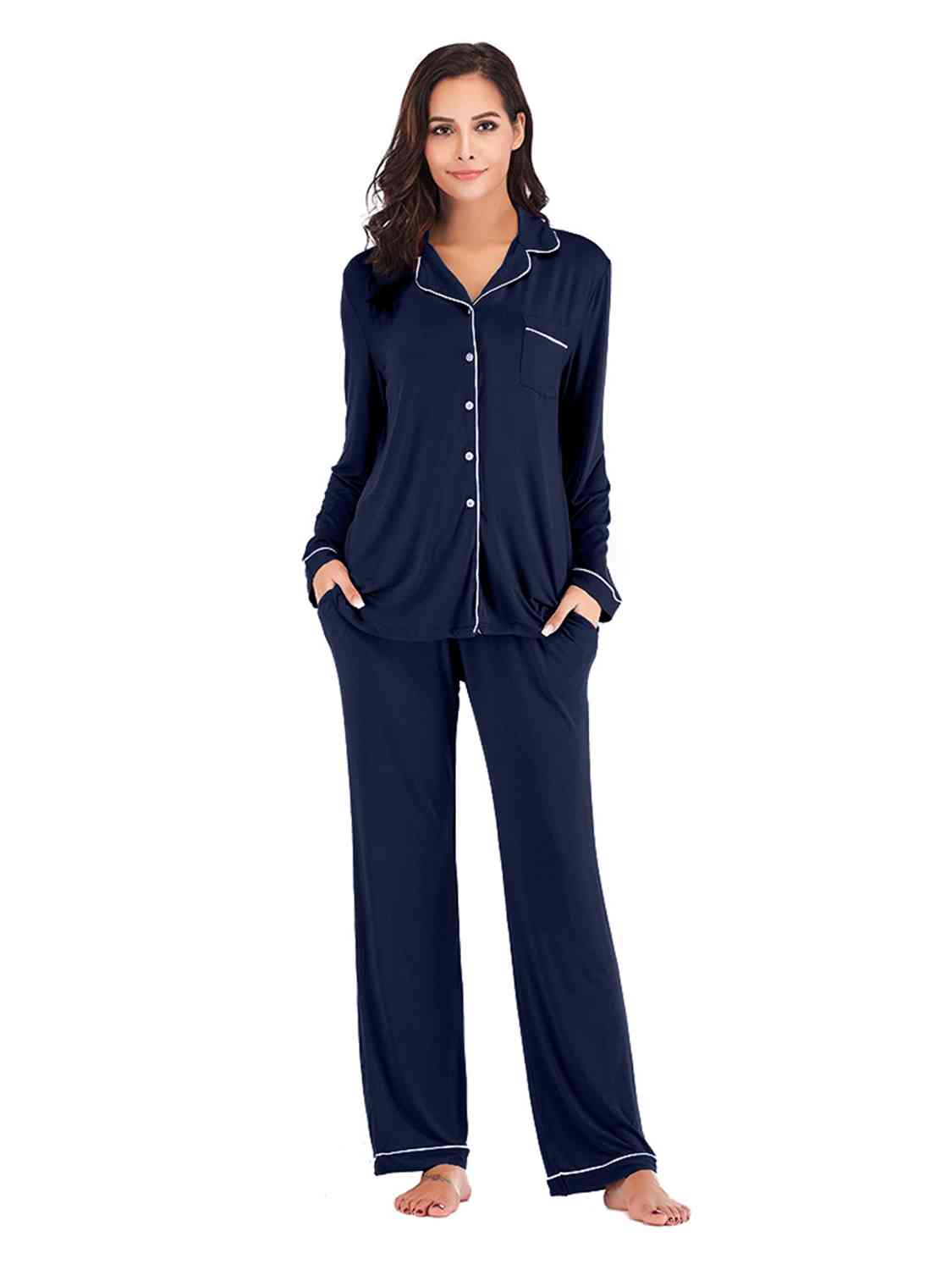 Collared Neck Long Sleeve Loungewear Set with Pockets king-general-store-5710.myshopify.com