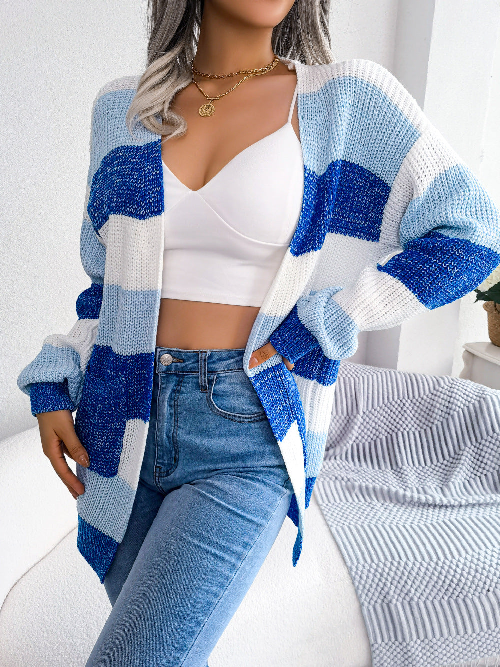 Striped Rib-Knit Open Front Longline Cardigan king-general-store-5710.myshopify.com