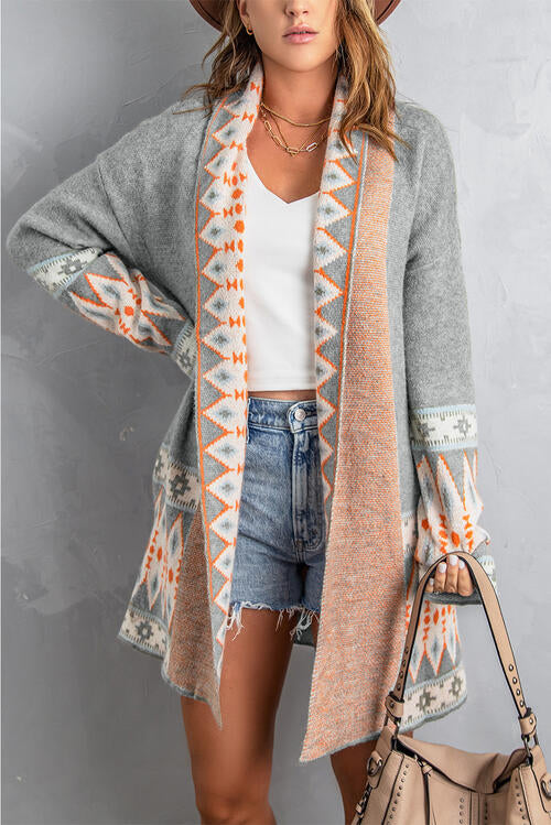 Geometric Open Front Long Sleeve Cardigan king-general-store-5710.myshopify.com