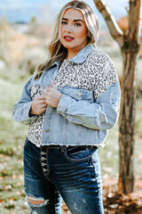 Plus Size Leopard Raw Hem Distressed Spliced Denim Jacket king-general-store-5710.myshopify.com