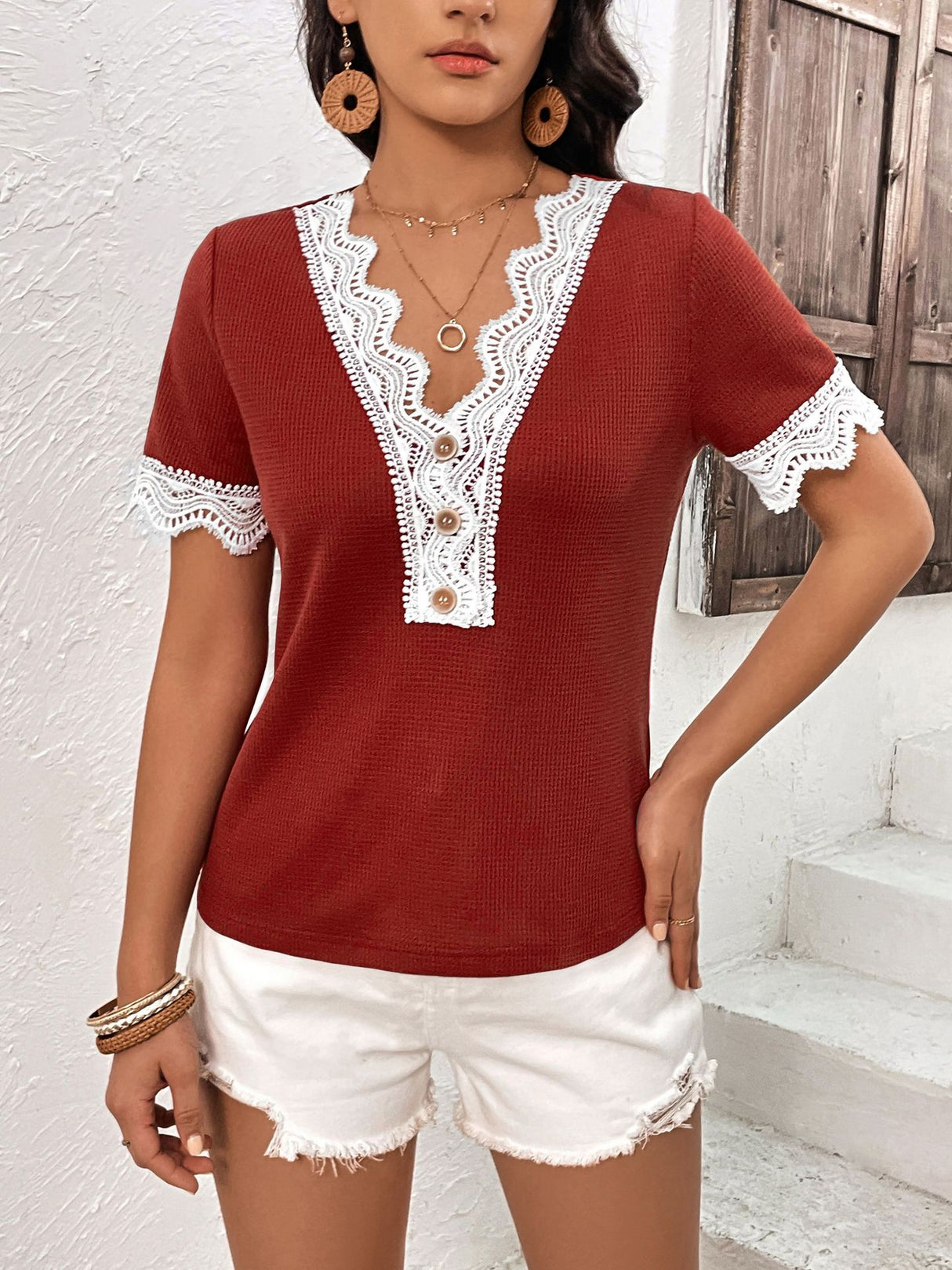 Decorative Button Spliced Lace Short Sleeve Top king-general-store-5710.myshopify.com