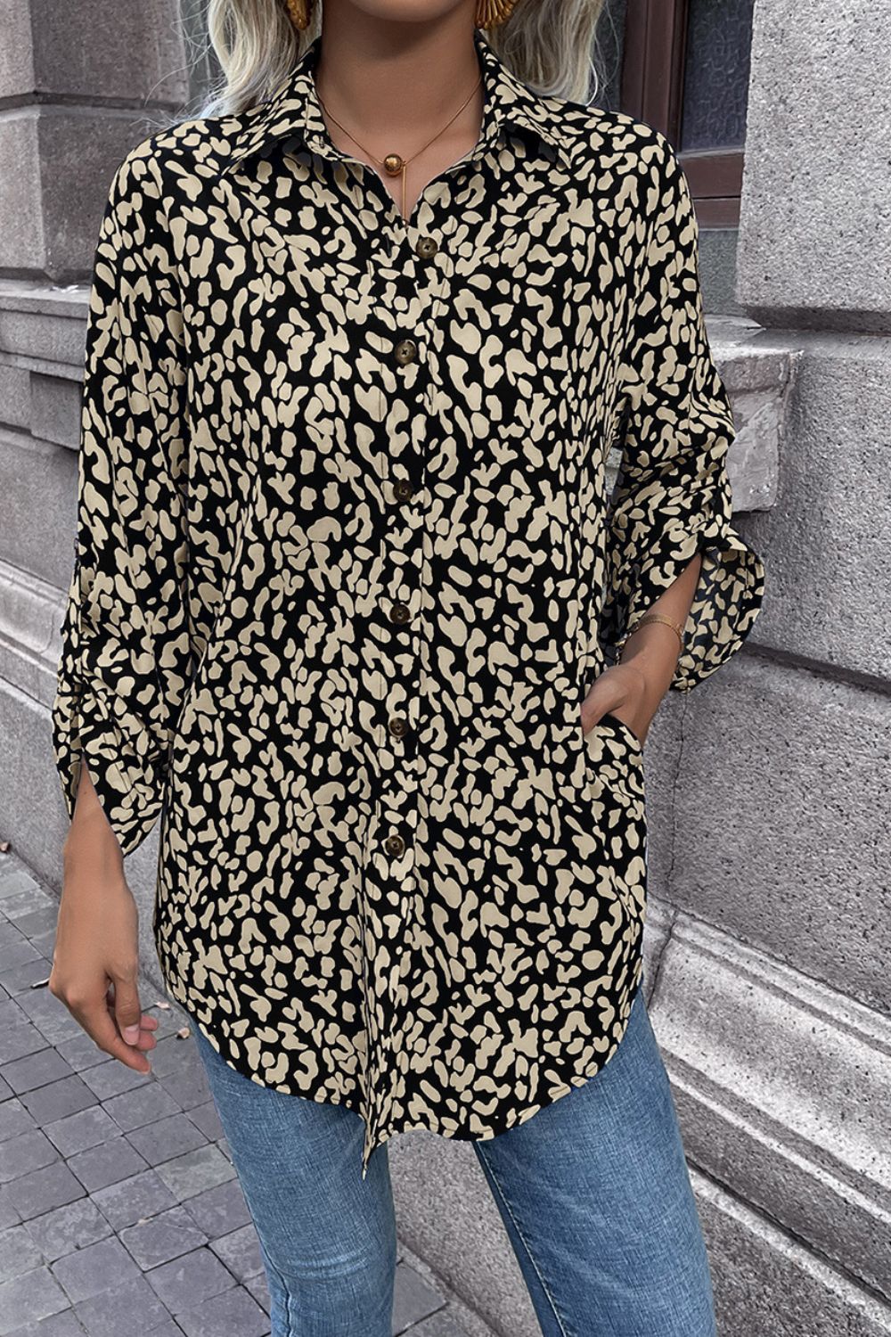 Double Take Leopard Roll-Tap Sleeve Shirt king-general-store-5710.myshopify.com