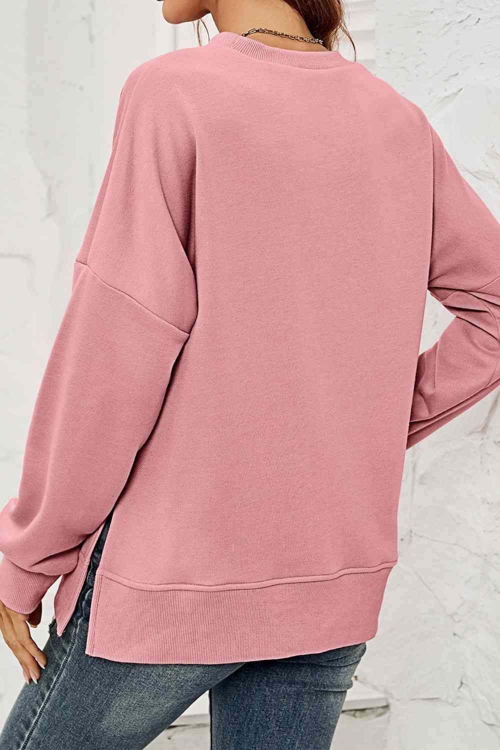 Round Neck  Dropped Shoulder Slit Sweatshirt king-general-store-5710.myshopify.com