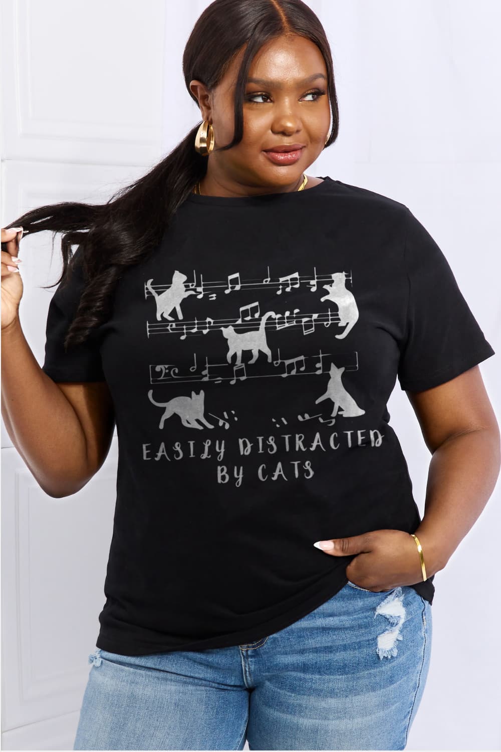 Simply Love Full Size EASILY DISTRACTED BY CATS Graphic Cotton Tee king-general-store-5710.myshopify.com