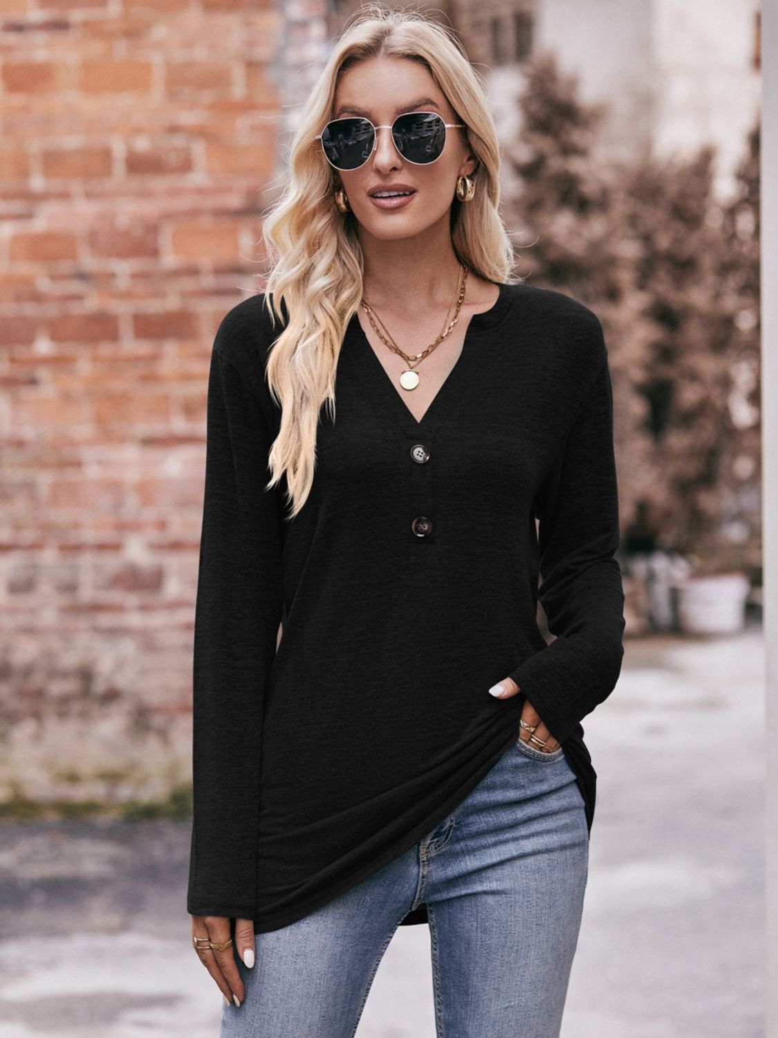 Buttoned Notched Neck Long Sleeve Top king-general-store-5710.myshopify.com