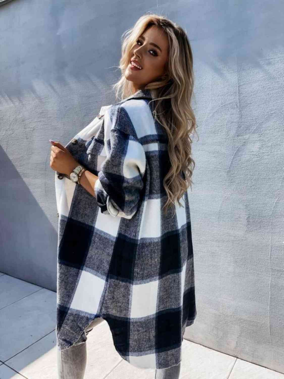 Plaid Collared Neck Longline Shirt king-general-store-5710.myshopify.com